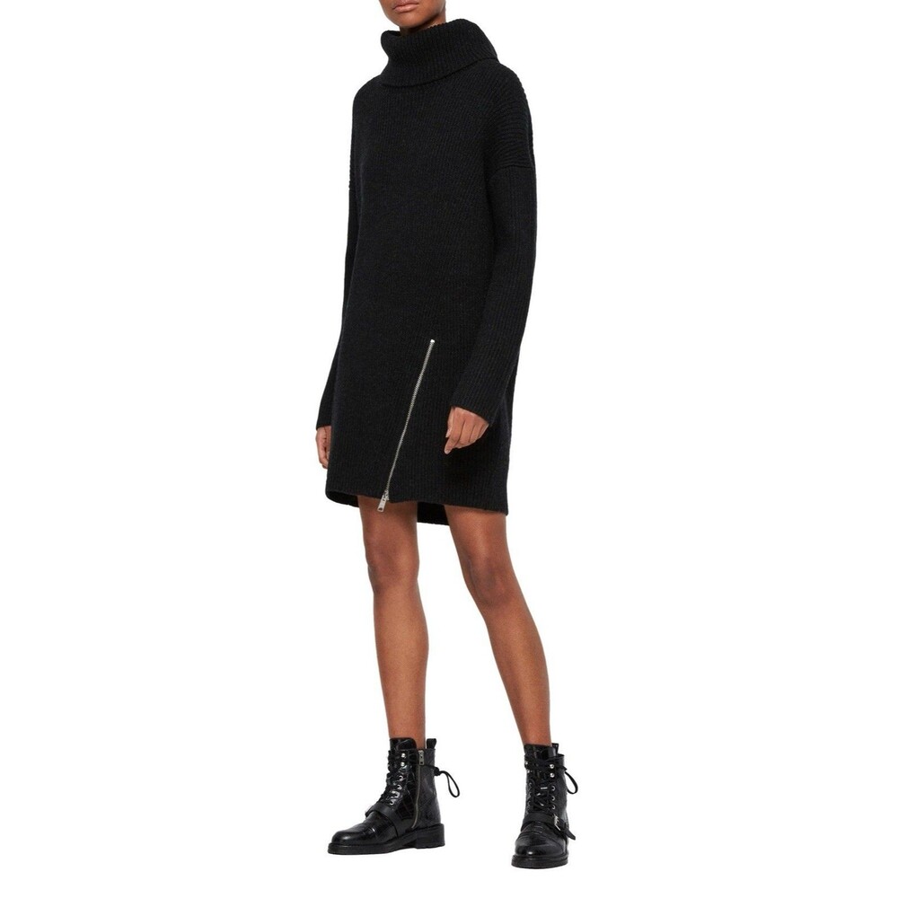 AllSaints Claudette Ribbed LS Knit Dress Turtleneck Zip Detail Size XS Short